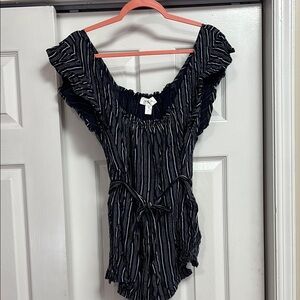 Motherhood White and Blue Blouse with Ruffled Scoop-neck